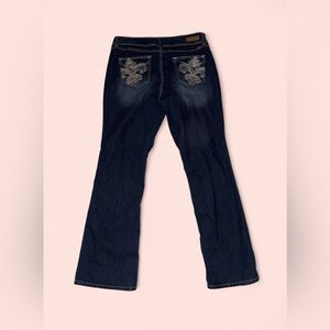 Y2K bedazzled dark wash jeans with embroidered details